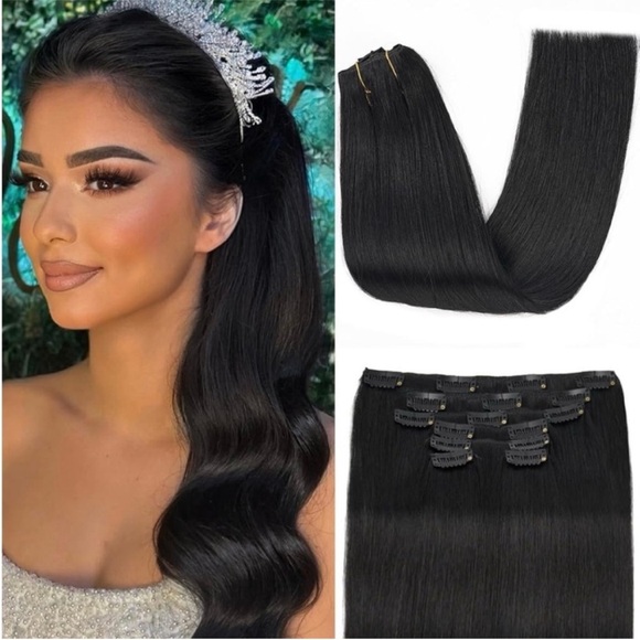 Jet Black Remy Human Hair 20 Inch Clip In Hair Extensions - Picture 1 of 10